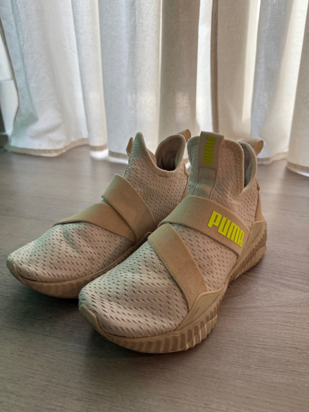 Puma Beige Knit Slip-On Sneakers with Neon Yellow Logo